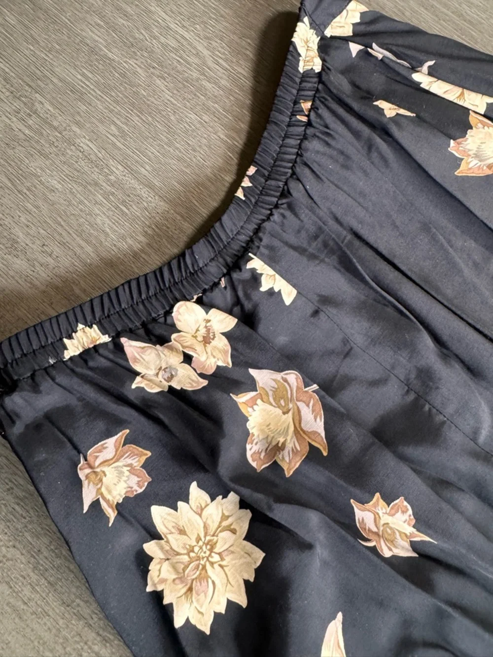 Vintage Black Floral Maxi Skirt L Tan Satin